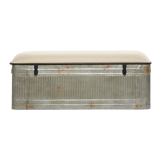 Grey Iron & Fabric Farmhouse Bench